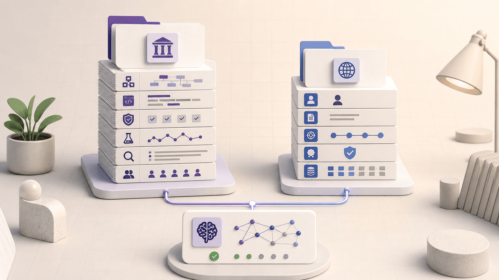 Editorial illustration of a deep technical documentation dossier and a slimmer registration payload connected to the same AI system record.