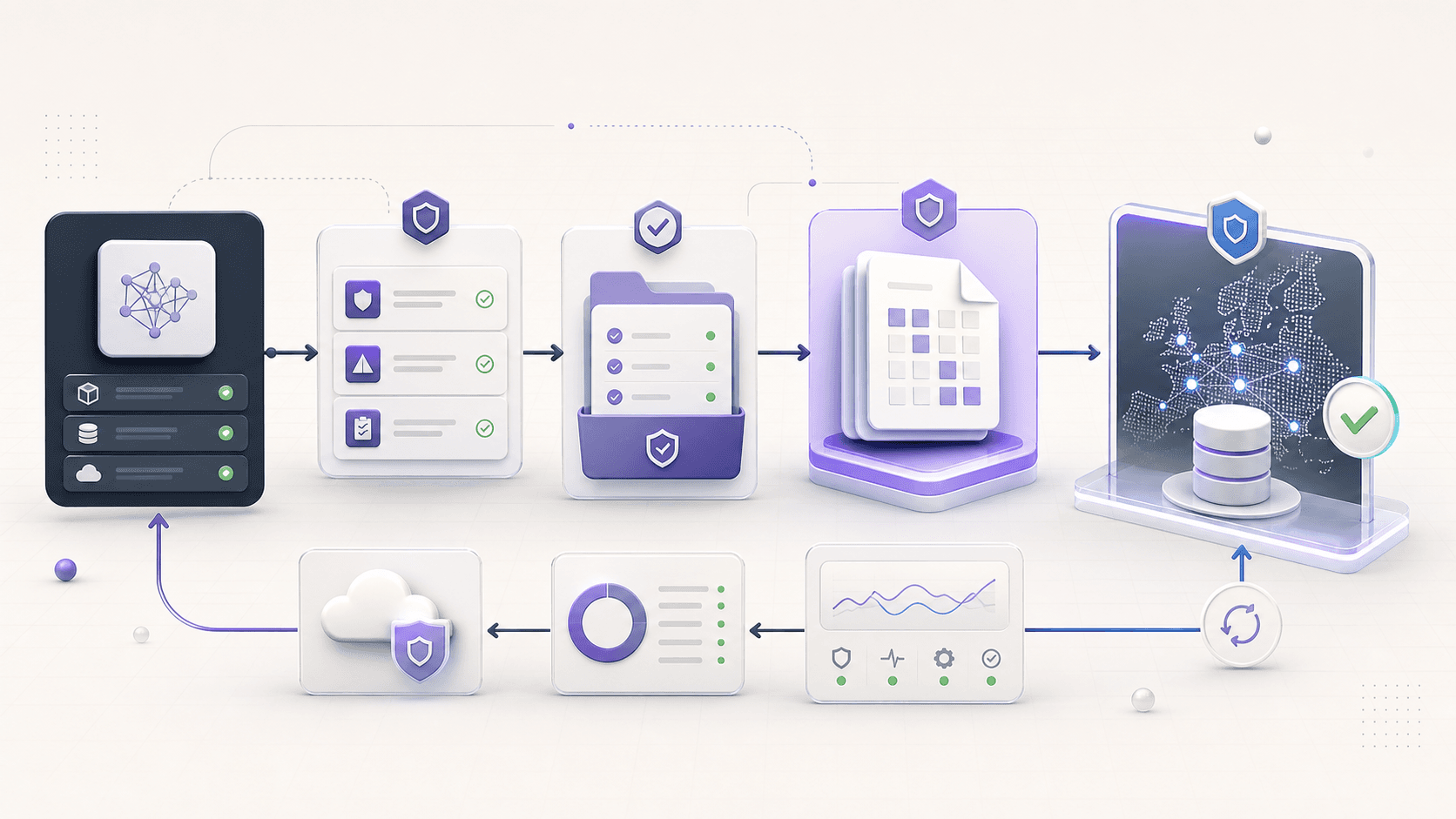 Editorial diagram of an AI system inventory flowing through classification, conformity evidence, Annex VIII registration, the EU database, and a production monitoring loop.