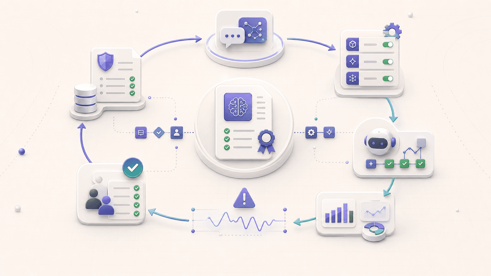 Editorial lifecycle loop showing a registered AI system record connected to production deployment, runtime evidence, drift signals, governance review, and updated registration evidence.